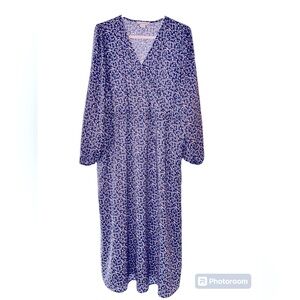 Amazon Essentials floral pink & blue hues midi dress, side pockets, satiny feel